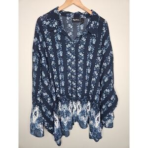 Maggie Barnes Blouse 5X Blue Floral Boho Fairy Accordion Pleat Coastal Cottage